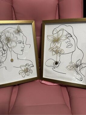 Set of 2 Gold Framed Line Art Floral Portrait Prints - White & Gold